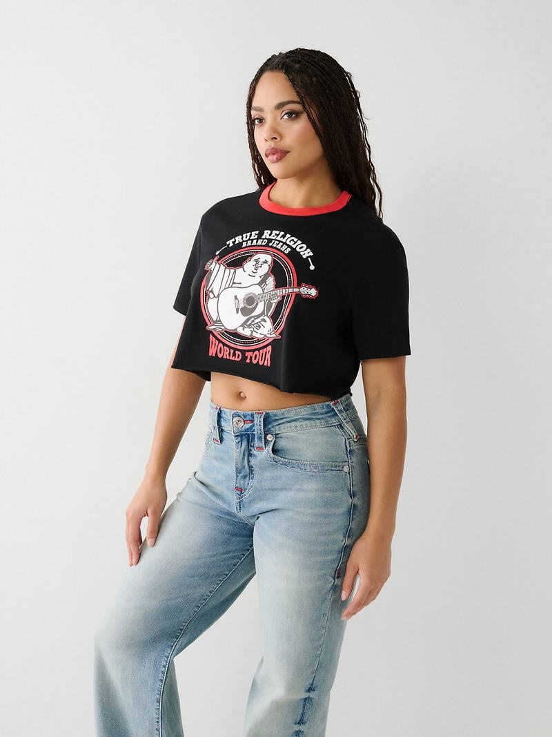 True Religion Buddha Ringer Crop T-Shirts Damen Schwarz | 90178IADF