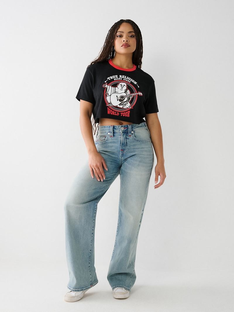 True Religion Buddha Ringer Crop T-Shirts Damen Schwarz | 90178IADF