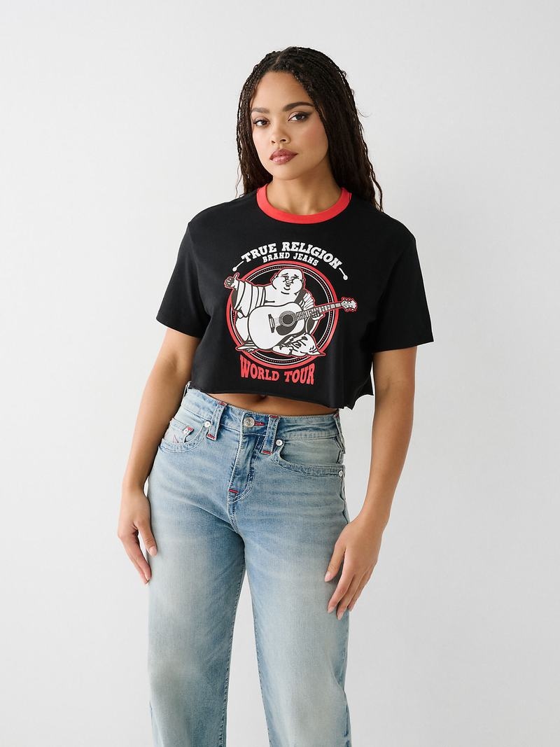 True Religion Buddha Ringer Crop T-Shirts Damen Schwarz | 90178IADF