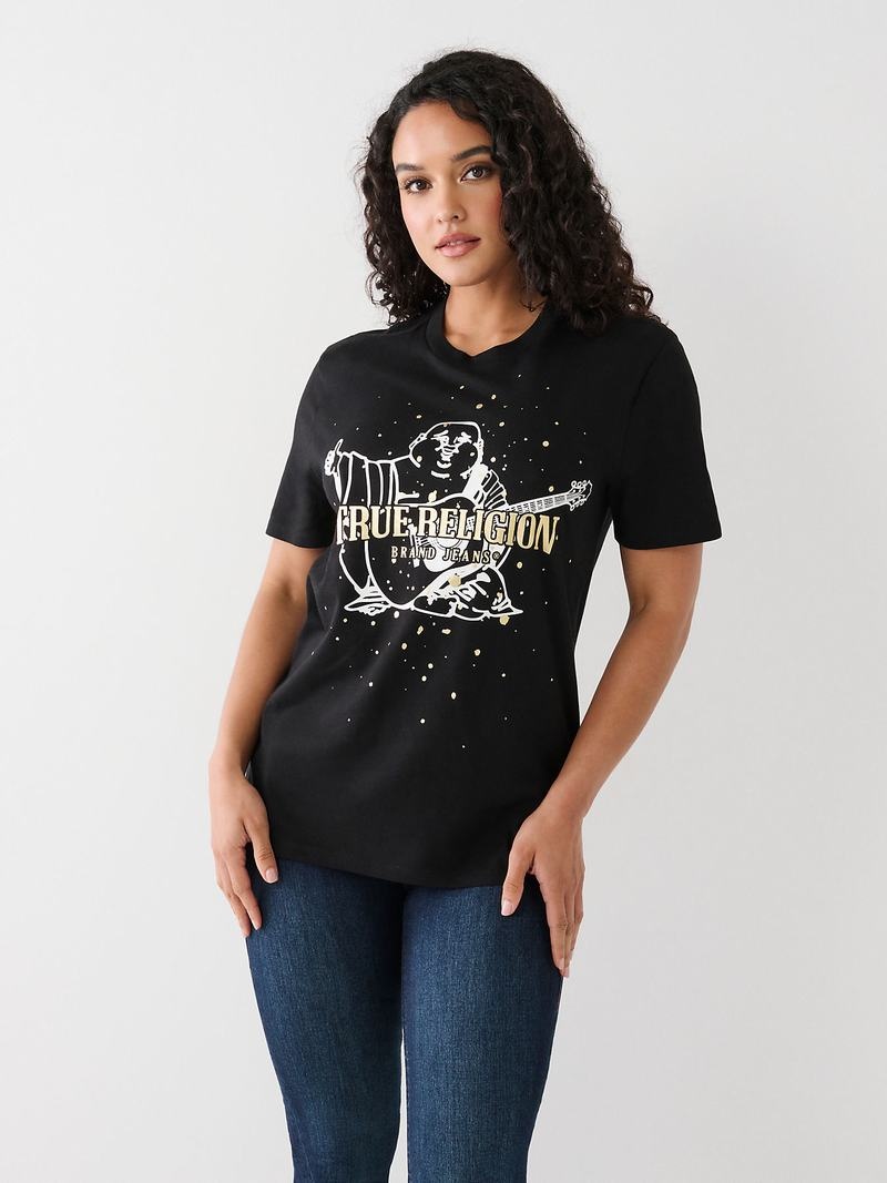 True Religion Buddha Splatter Relaxed T-Shirts Damen Schwarz | 03247MGES