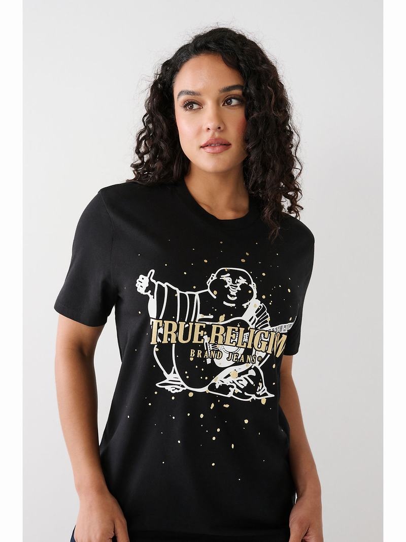 True Religion Buddha Splatter Relaxed T-Shirts Damen Schwarz | 03247MGES