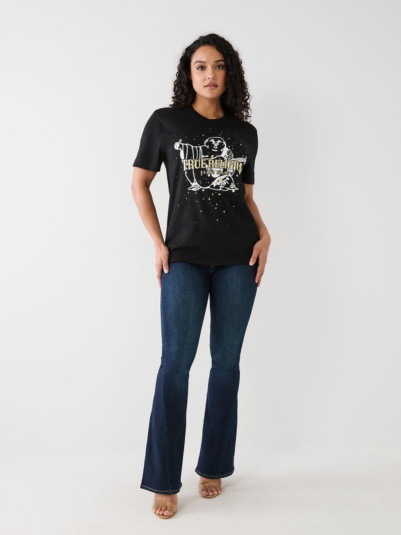 True Religion Buddha Splatter Relaxed T-Shirts Damen Schwarz | 03247MGES