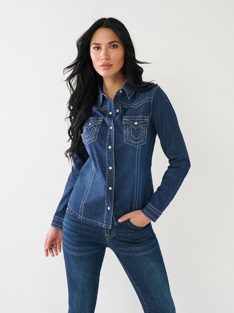 True Religion Chambray Western Hemd Damen Dunkelwaschen | 74356GTYN