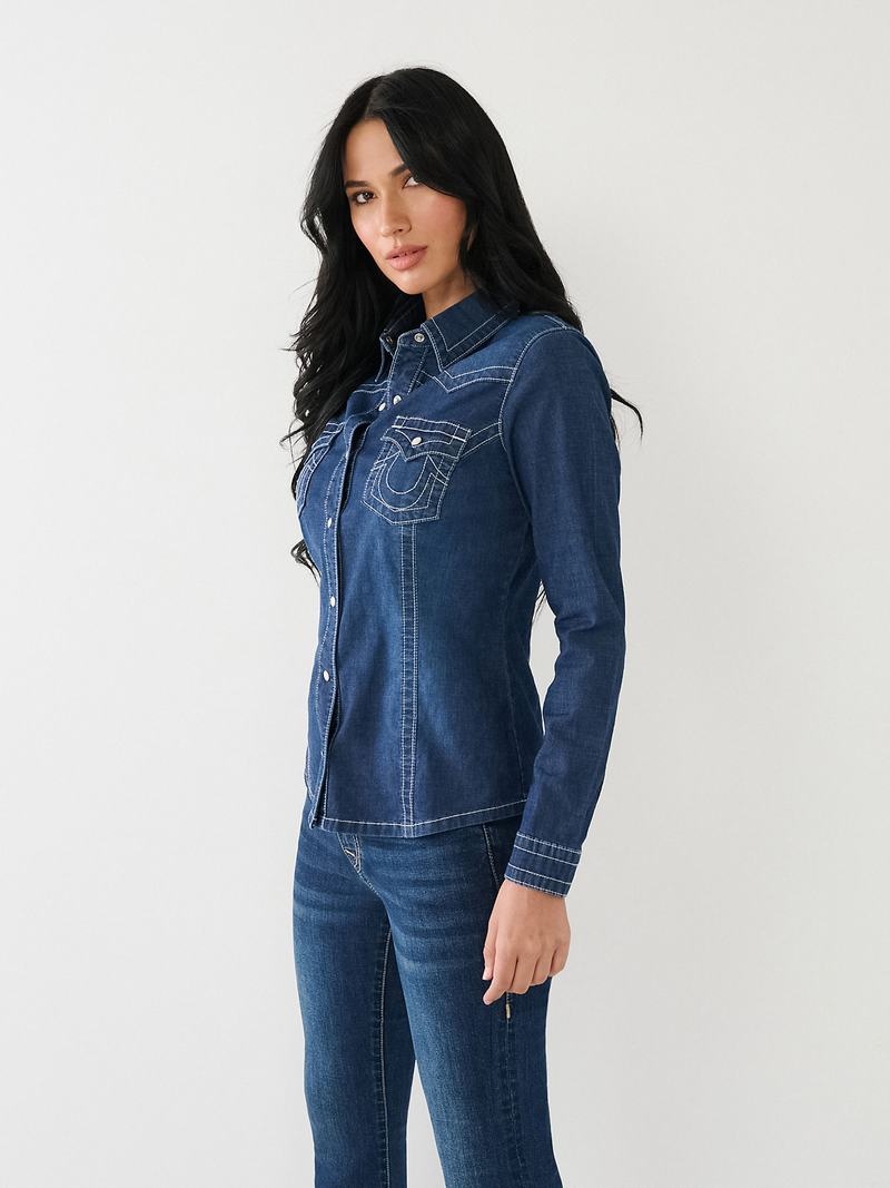 True Religion Chambray Western Hemd Damen Dunkelwaschen | 74356GTYN