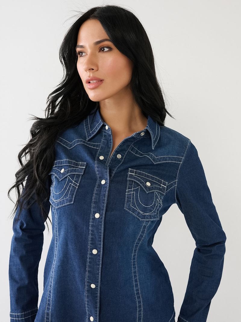 True Religion Chambray Western Hemd Damen Dunkelwaschen | 74356GTYN