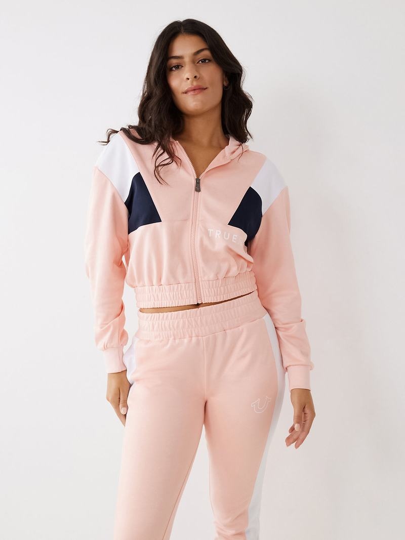 True Religion Color Block Crop Zip Hoodie Damen Rosa | 78142NYML