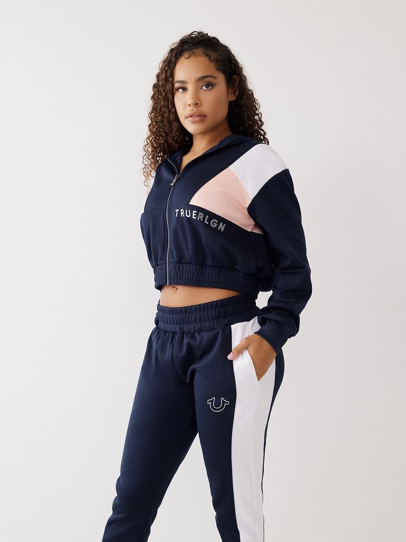 True Religion Color Block Crop Zip Hoodie Damen Navy | 64501LHJR