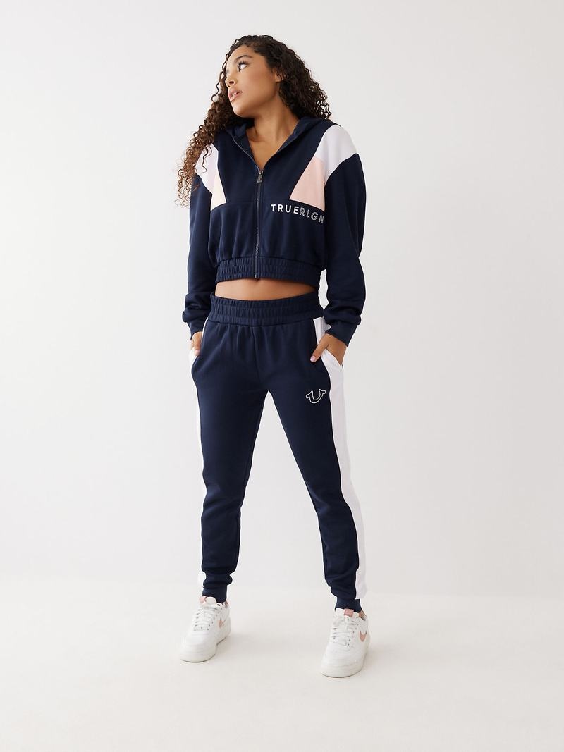 True Religion Color Block Crop Zip Hoodie Damen Navy | 64501LHJR