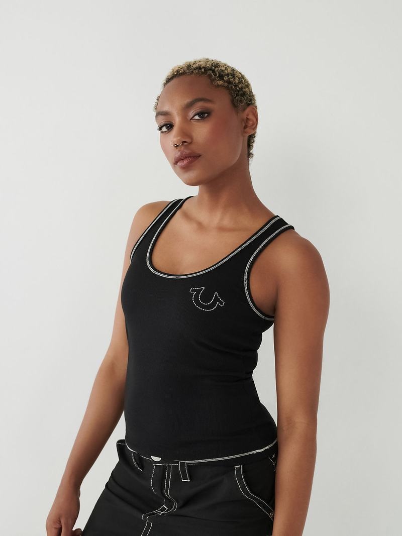 True Religion Contrast Stitch Tanktop Damen Schwarz | 12675QGUT