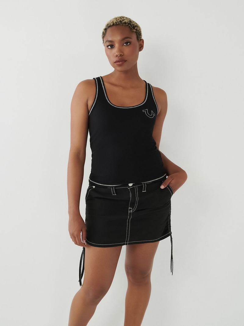 True Religion Contrast Stitch Tanktop Damen Schwarz | 12675QGUT