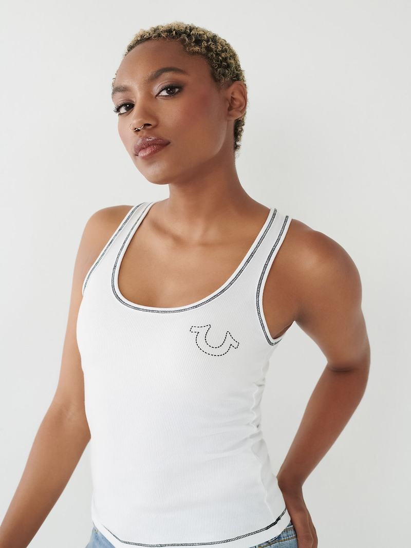 True Religion Contrast Stitch Tanktop Damen Weiß | 74165HUZI