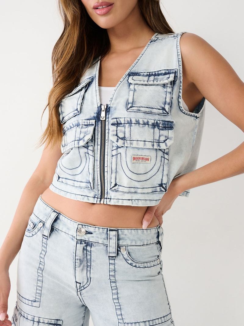 True Religion Crop Denim Utility Weste Damen Hellwaschen | 50419OACM