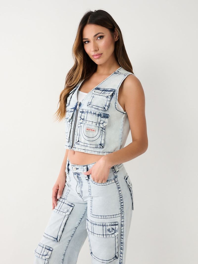 True Religion Crop Denim Utility Weste Damen Hellwaschen | 50419OACM