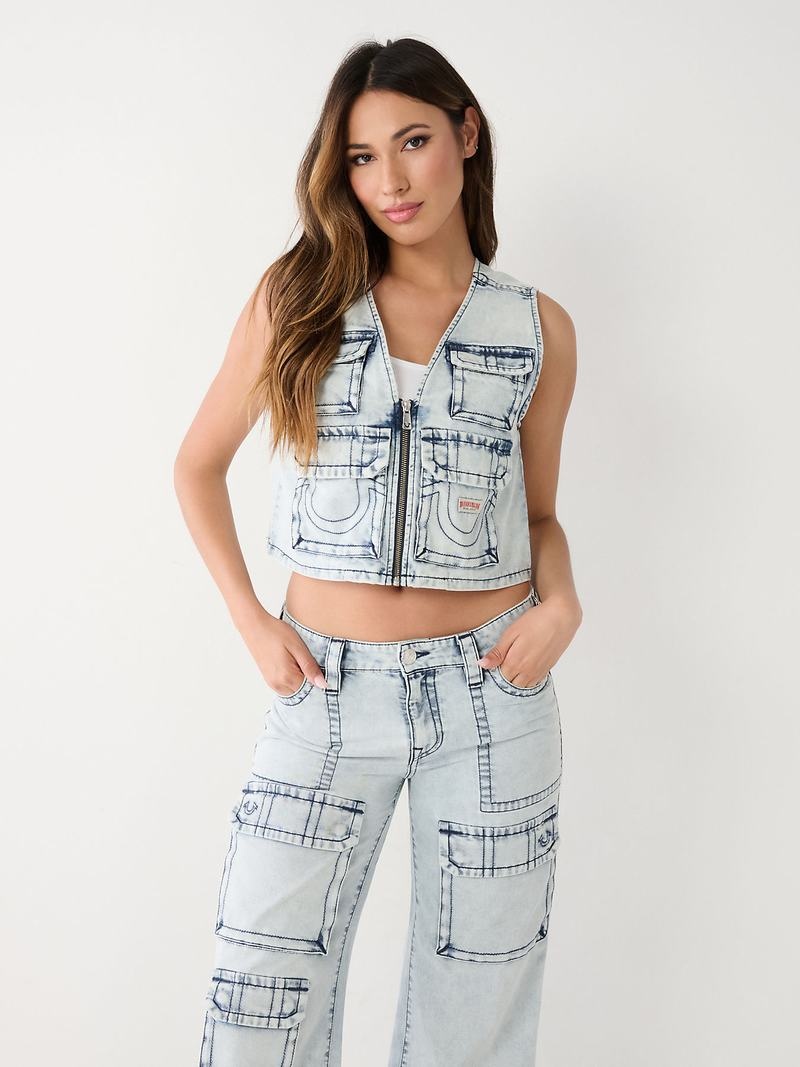 True Religion Crop Denim Utility Weste Damen Hellwaschen | 50419OACM