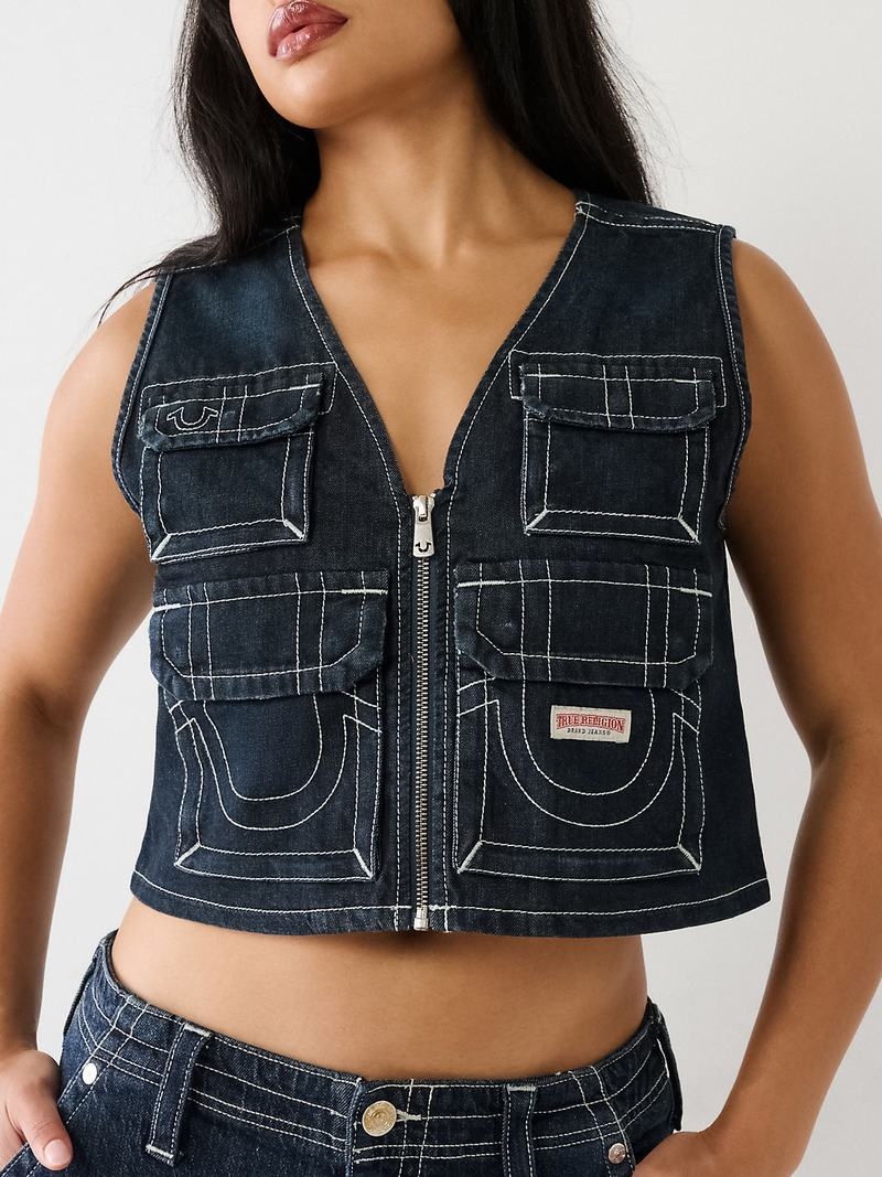 True Religion Crop Denim Utility Weste Damen Dunkelwaschen | 98724YOUA