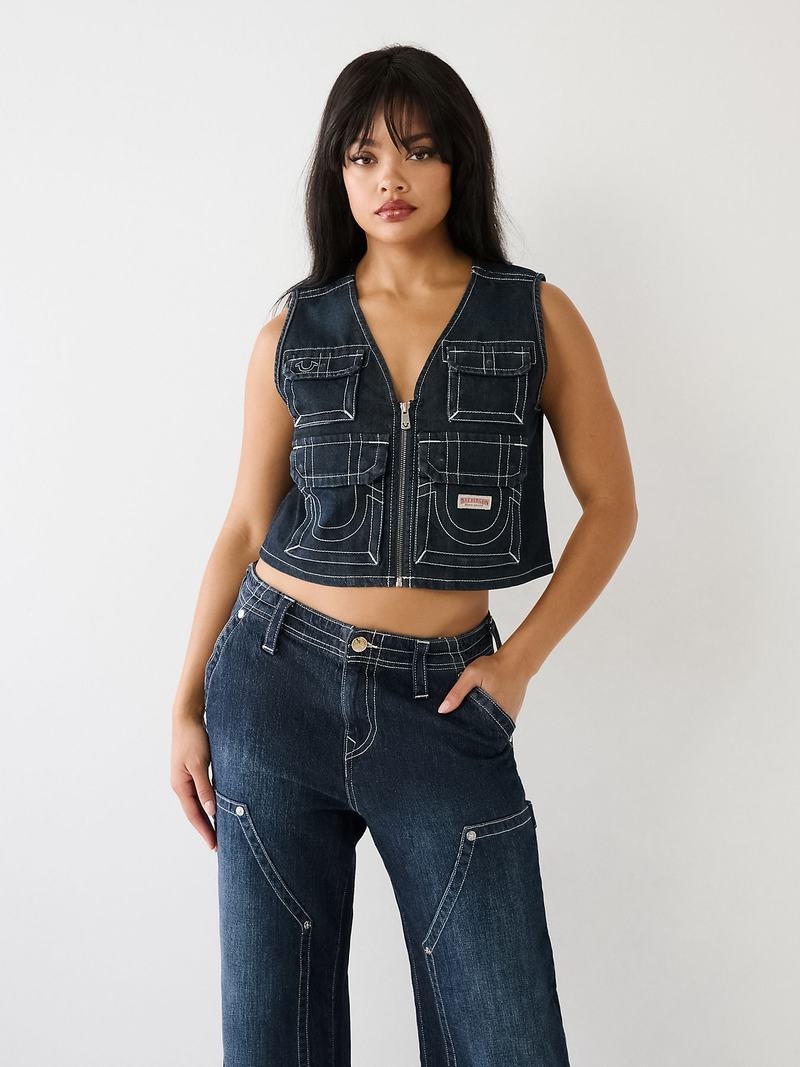 True Religion Crop Denim Utility Weste Damen Dunkelwaschen | 98724YOUA