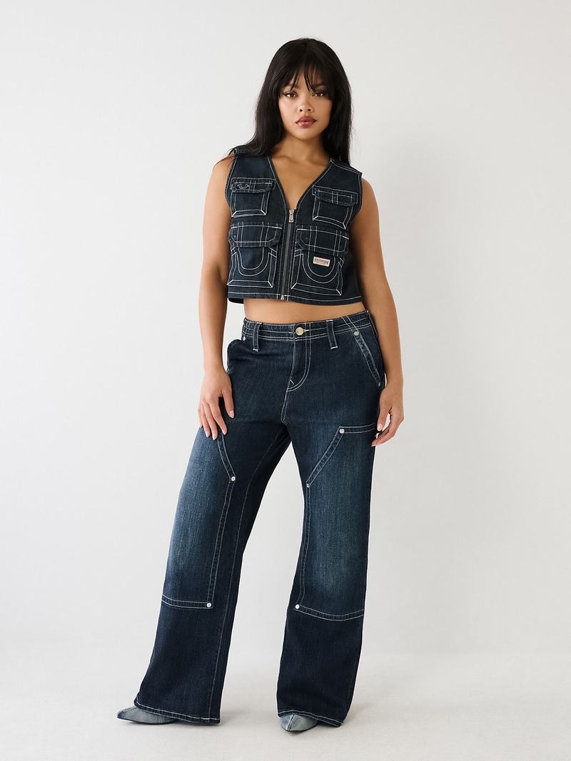 True Religion Crop Denim Utility Weste Damen Dunkelwaschen | 98724YOUA