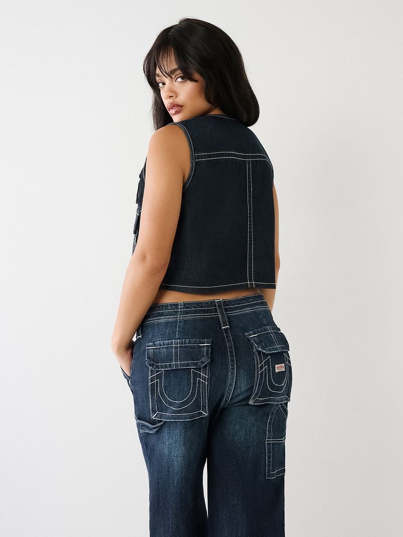 True Religion Crop Denim Utility Weste Damen Dunkelwaschen | 98724YOUA