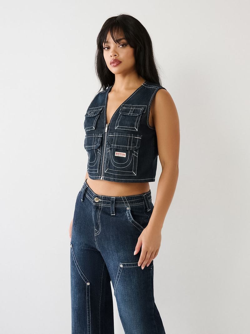 True Religion Crop Denim Utility Weste Damen Dunkelwaschen | 98724YOUA