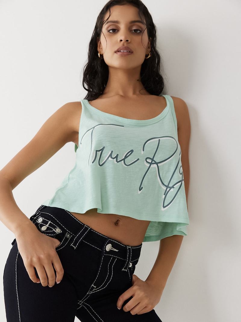 True Religion Crop Logo Tanktop Damen Türkis | 85317LGZC