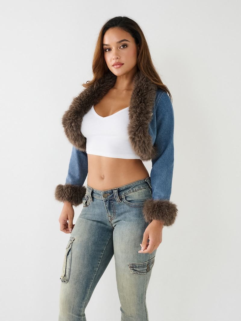 True Religion Cropped Fur Trim Denim Jeansjacke Damen Waschen | 50683BIMA