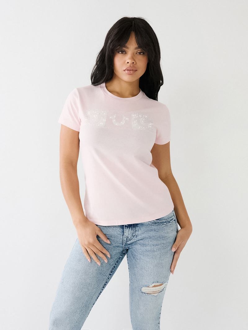 True Religion Crystal Box Horseshoe Logo T-Shirts Damen Rosa | 97120XJCA