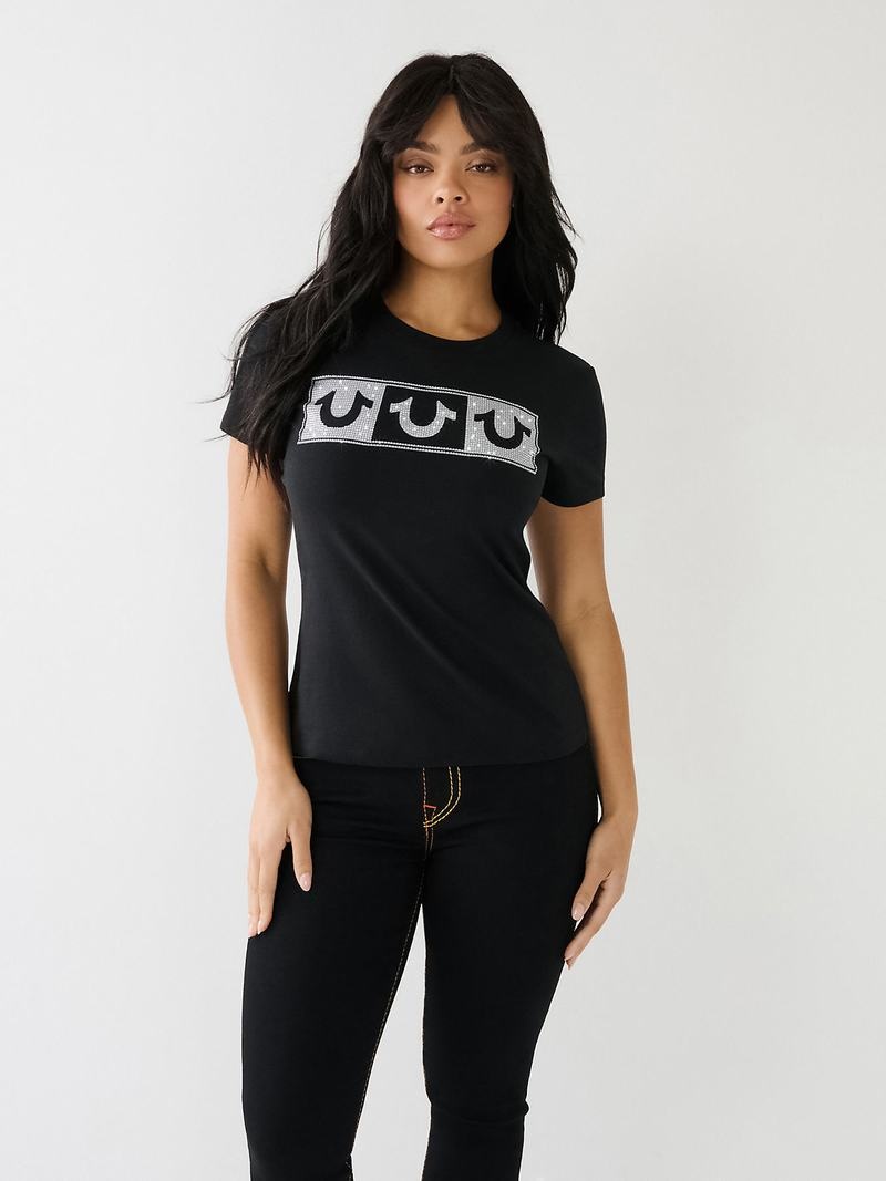 True Religion Crystal Box Horseshoe Logo T-Shirts Damen Schwarz | 82071HVMS