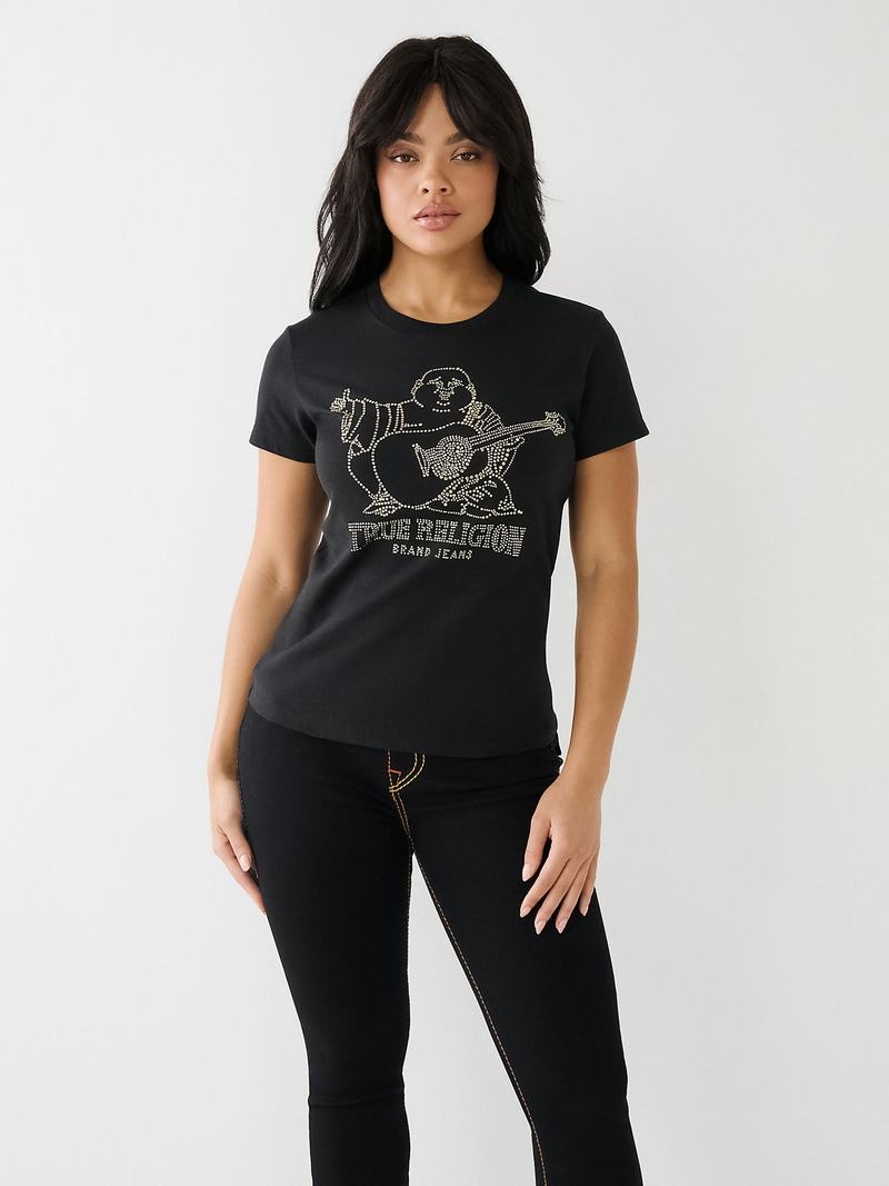 True Religion Crystal Buddha Logo Slim T-Shirts Damen Schwarz | 04237JAXY