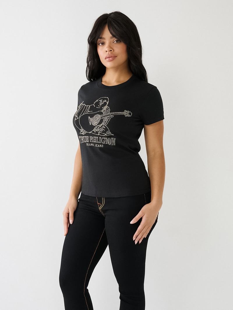 True Religion Crystal Buddha Logo Slim T-Shirts Damen Schwarz | 04237JAXY