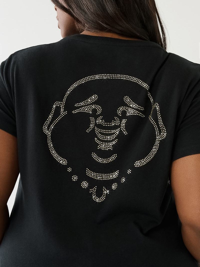 True Religion Crystal Buddha Logo V Neck T-Shirts Damen Schwarz | 38946HJQL