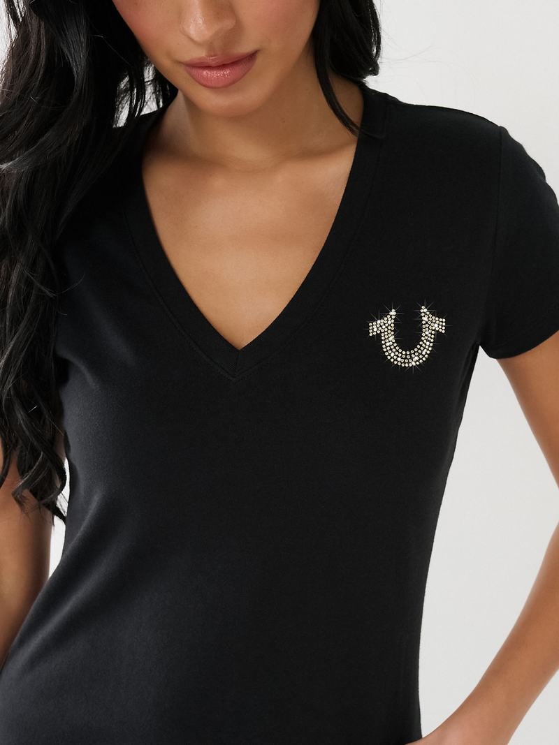 True Religion Crystal Buddha Logo V Neck T-Shirts Damen Schwarz | 38946HJQL