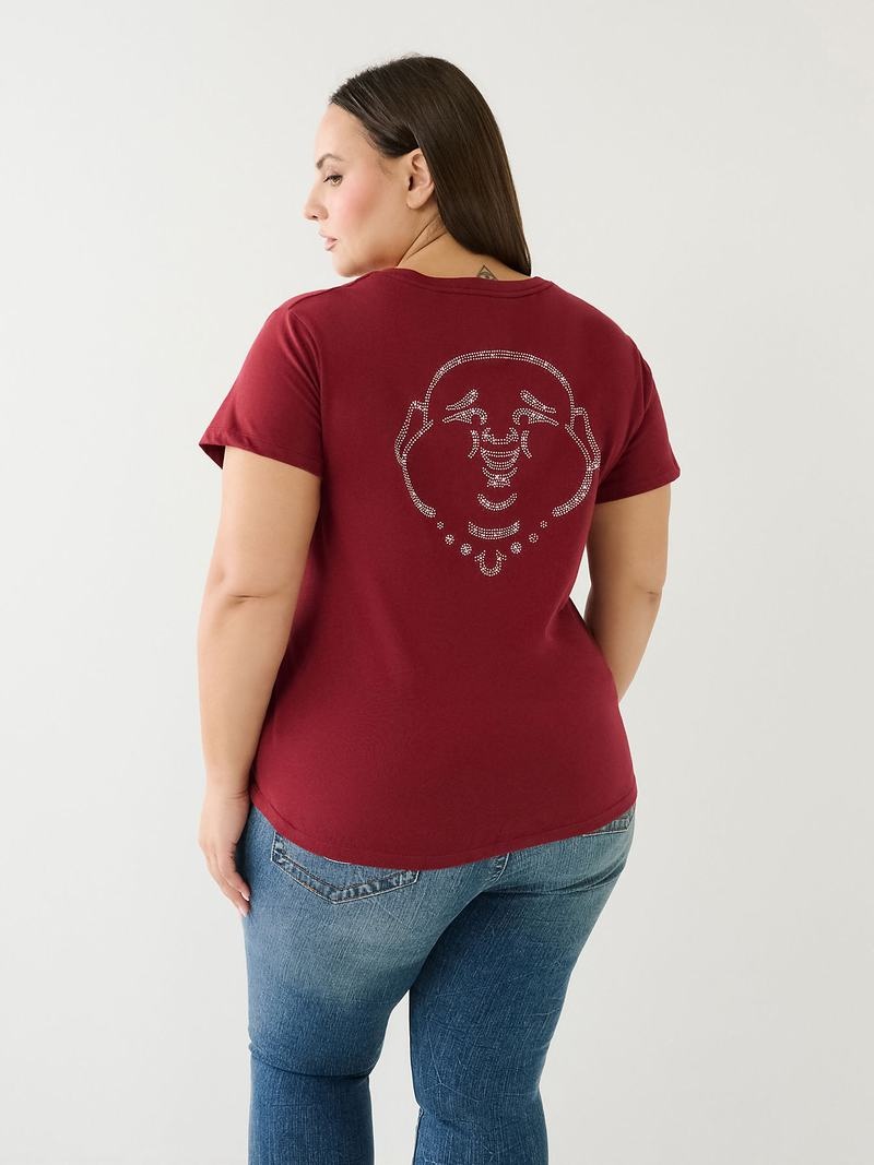 True Religion Crystal Buddha Logo V Neck T-Shirts Damen Fuchsie | 90367ICPD