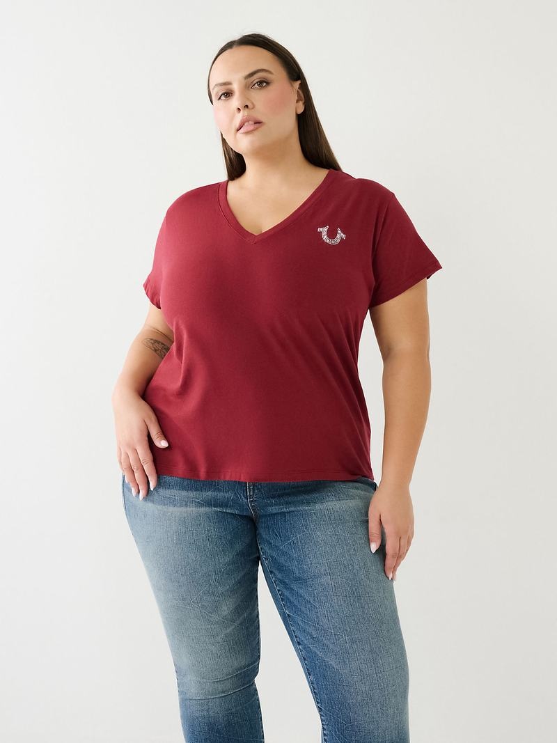 True Religion Crystal Buddha Logo V Neck T-Shirts Damen Fuchsie | 90367ICPD