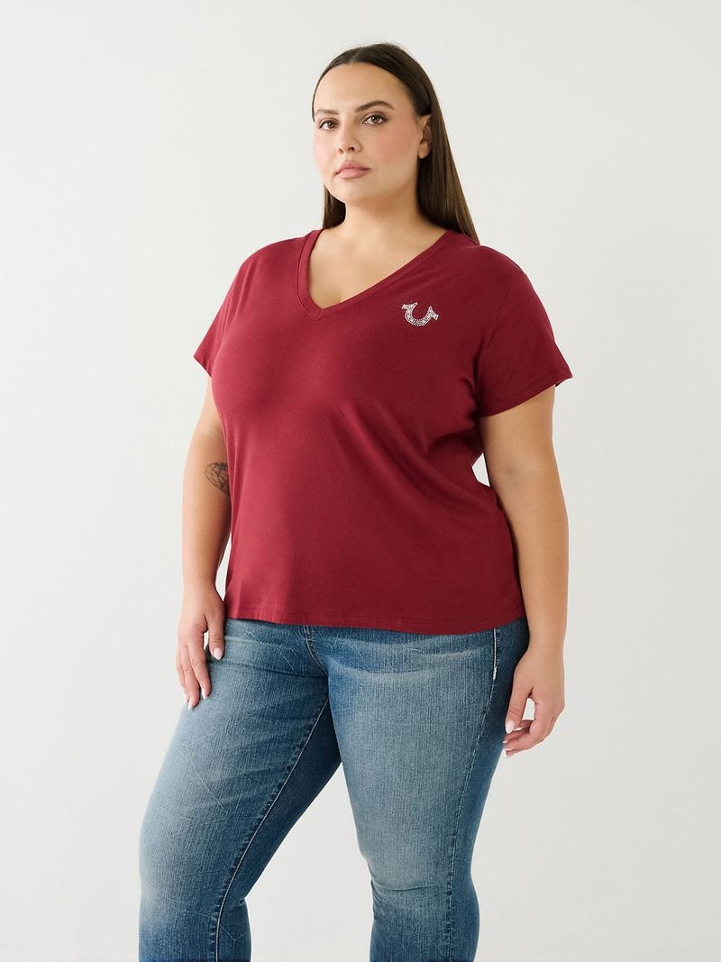 True Religion Crystal Buddha Logo V Neck T-Shirts Damen Fuchsie | 90367ICPD