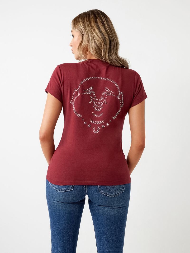 True Religion Crystal Buddha Logo V Neck T-Shirts Damen Fuchsie | 90367ICPD