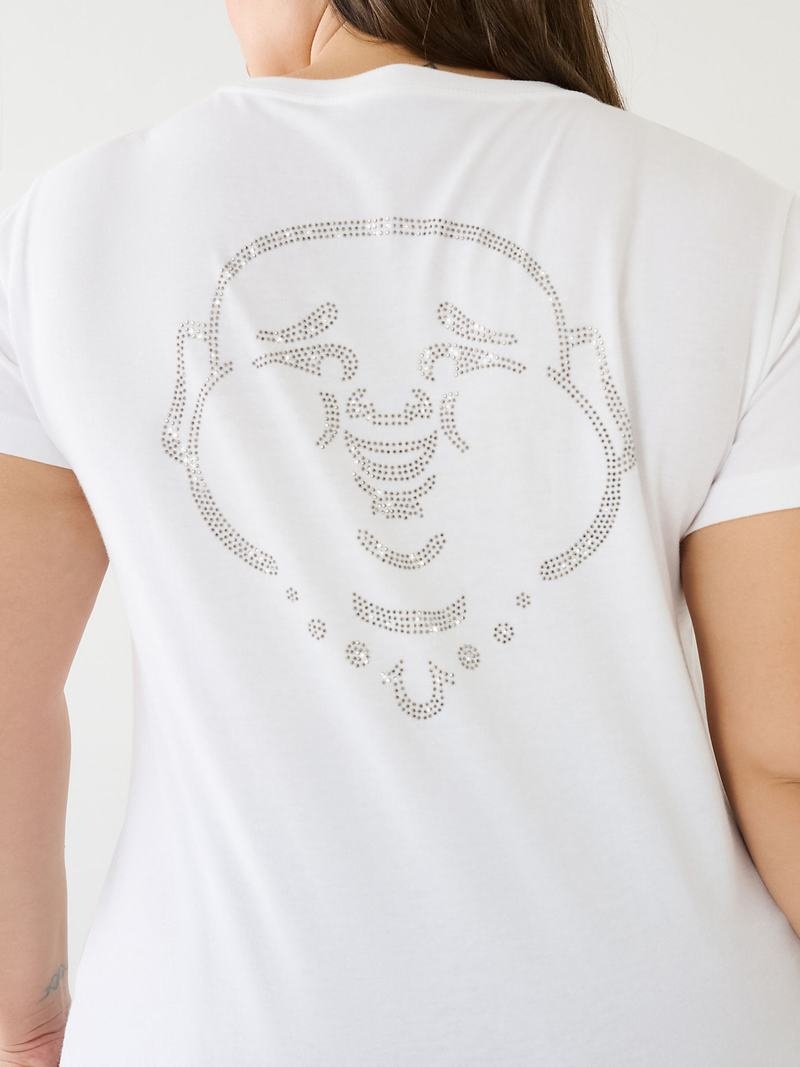 True Religion Crystal Buddha Logo V Neck T-Shirts Damen Weiß | 18530IJFN