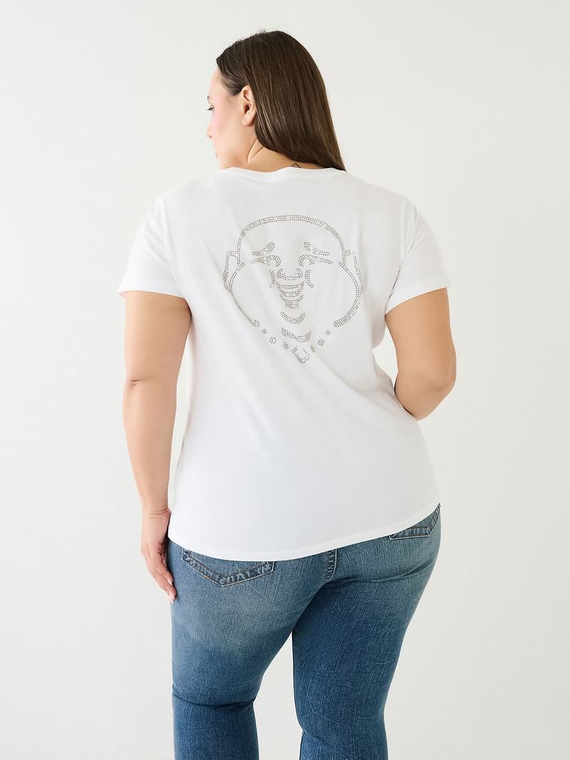 True Religion Crystal Buddha Logo V Neck T-Shirts Damen Weiß | 18530IJFN