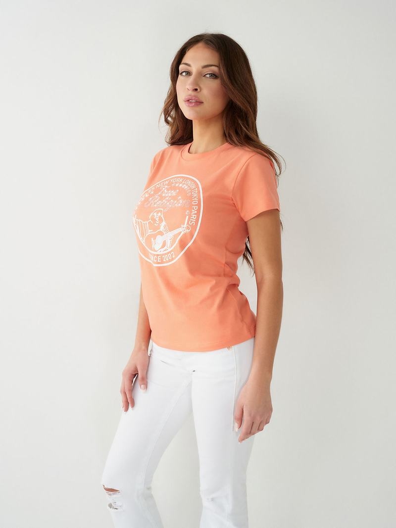 True Religion Crystal Buddha T-Shirts Damen Orange Rosa | 90127RWLK