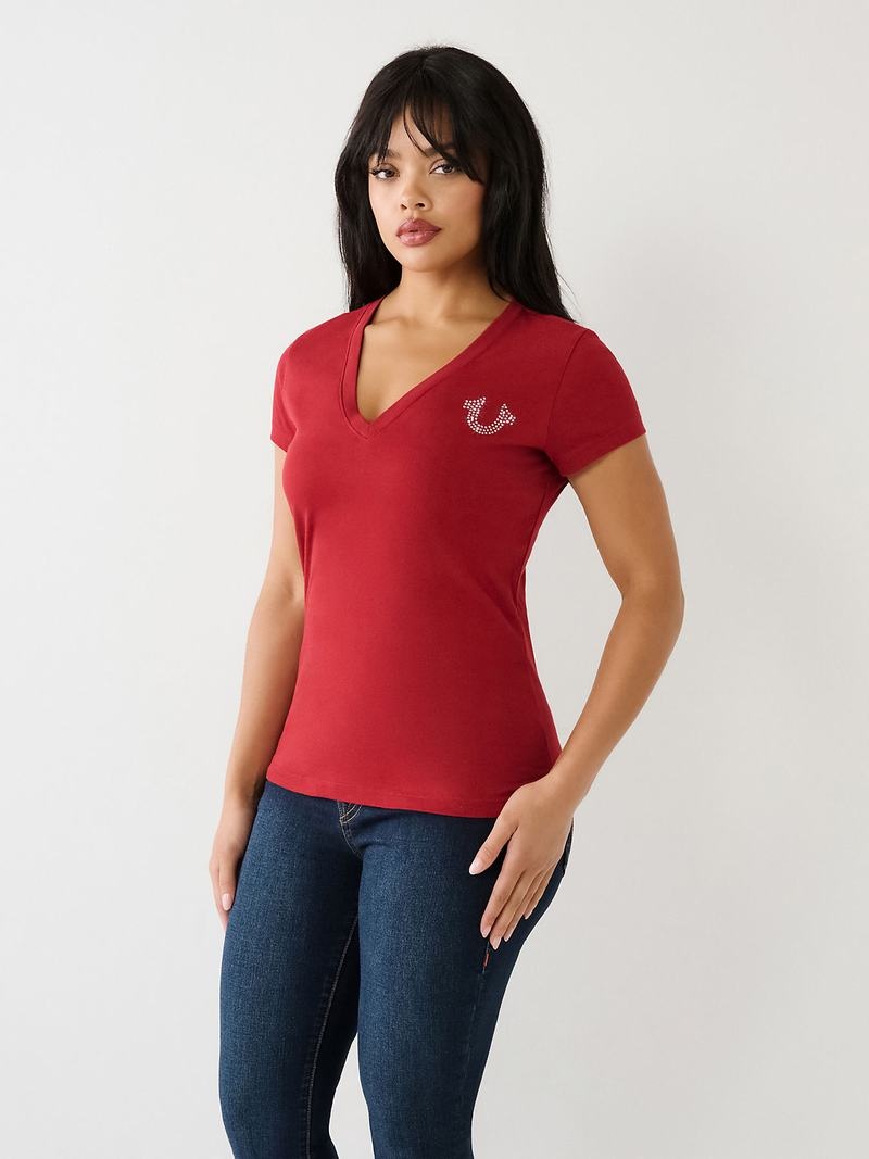 True Religion Crystal Buddha V T-Shirts Damen Rot | 52314NXYB