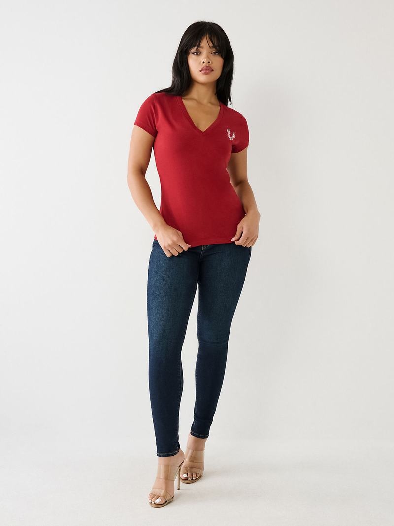 True Religion Crystal Buddha V T-Shirts Damen Rot | 52314NXYB