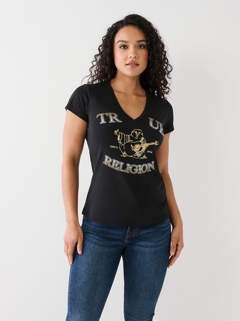 True Religion Crystal Buddha V T-Shirts Damen Schwarz | 29156IMGP