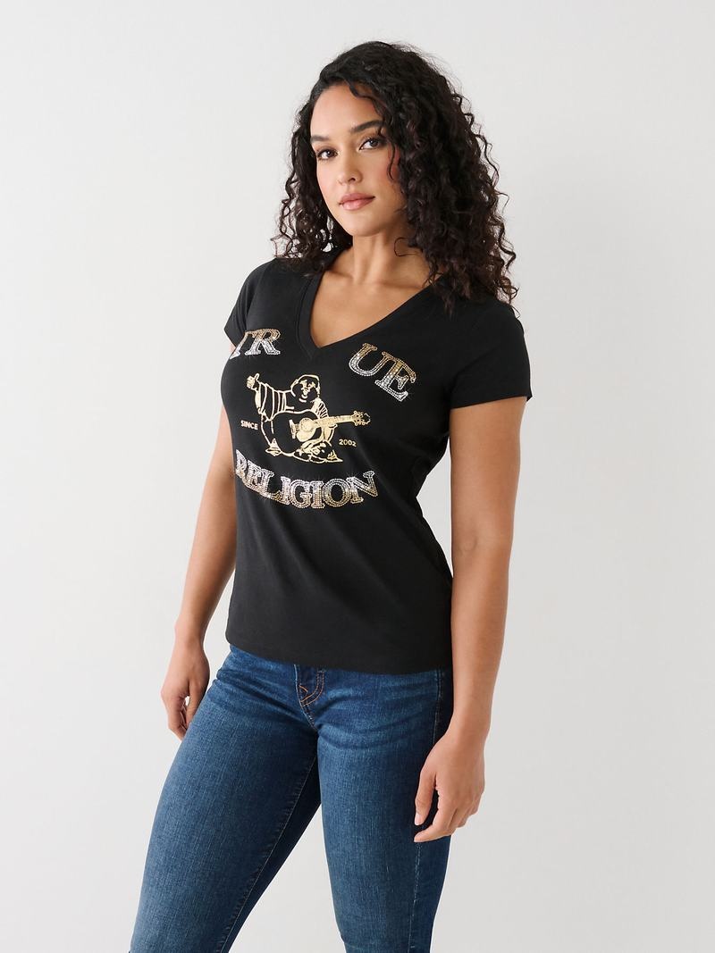 True Religion Crystal Buddha V T-Shirts Damen Schwarz | 29156IMGP