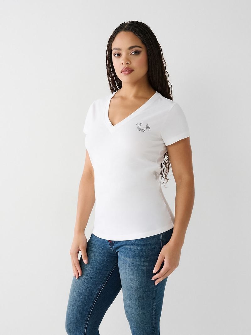 True Religion Crystal Buddha V T-Shirts Damen Weiß | 57410FQWN