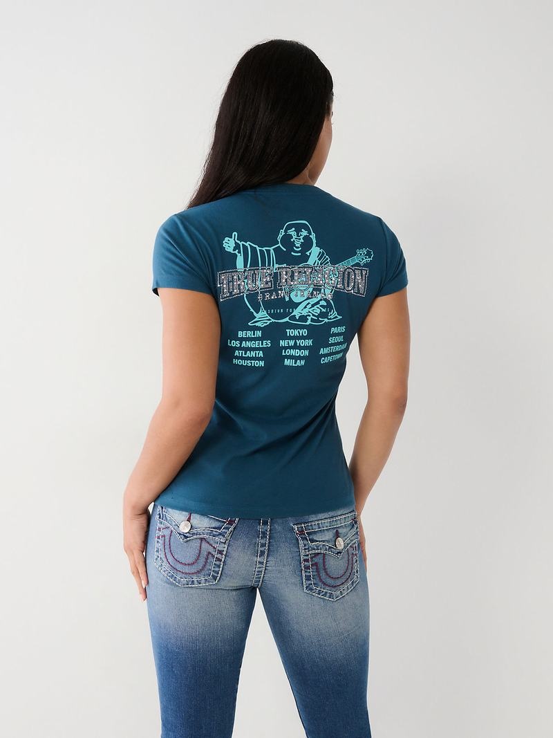 True Religion Crystal Buddha V T-Shirts Damen Blau | 60254LXEA