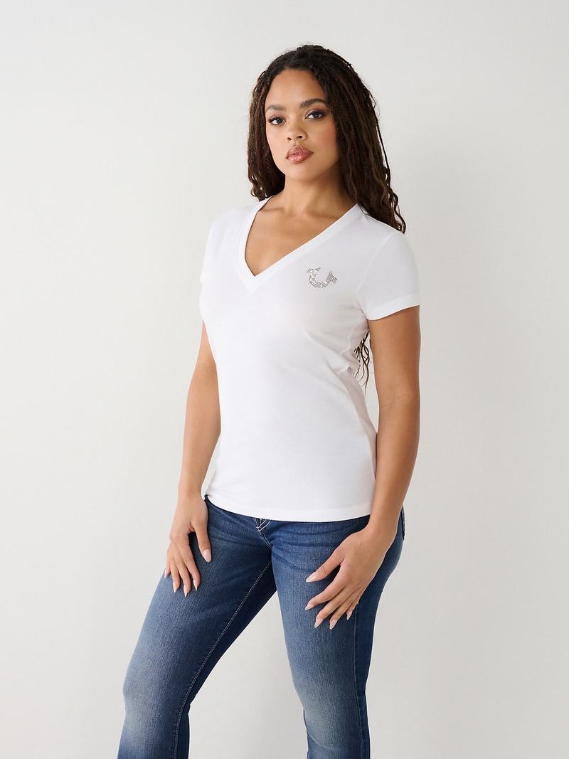 True Religion Crystal Buddha V T-Shirts Damen Weiß | 70632ITGE