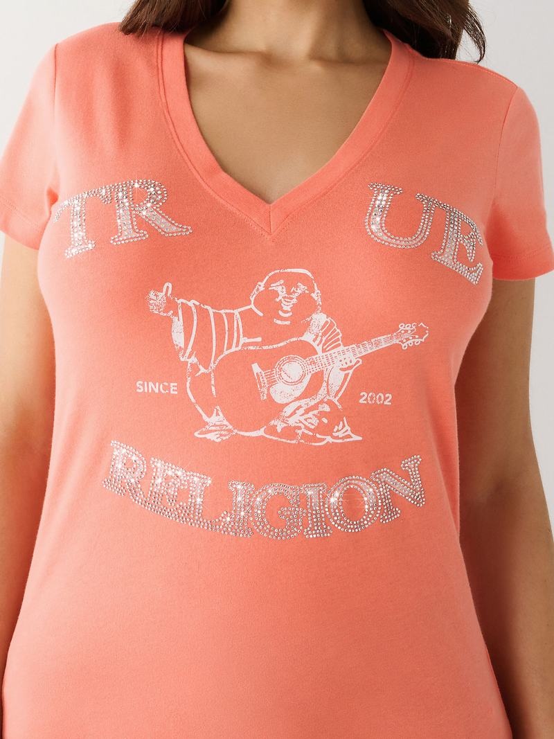 True Religion Crystal Buddha V T-Shirts Damen Orange Rosa | 43026RINX