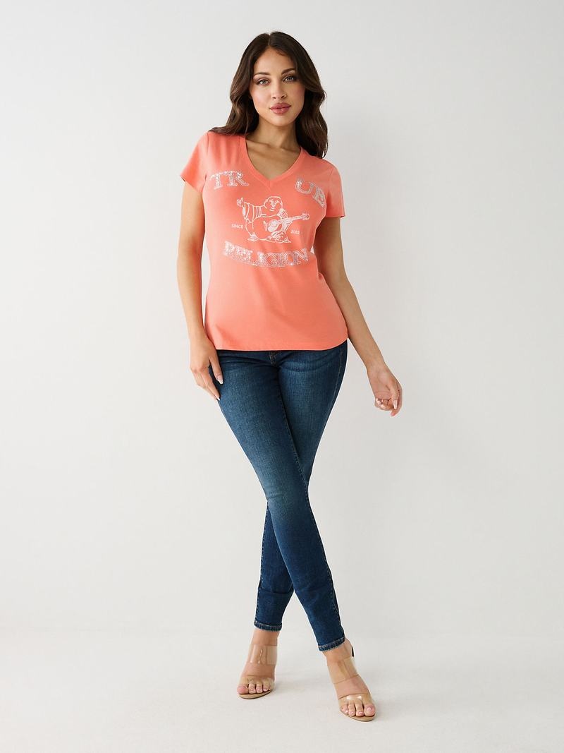 True Religion Crystal Buddha V T-Shirts Damen Orange Rosa | 43026RINX