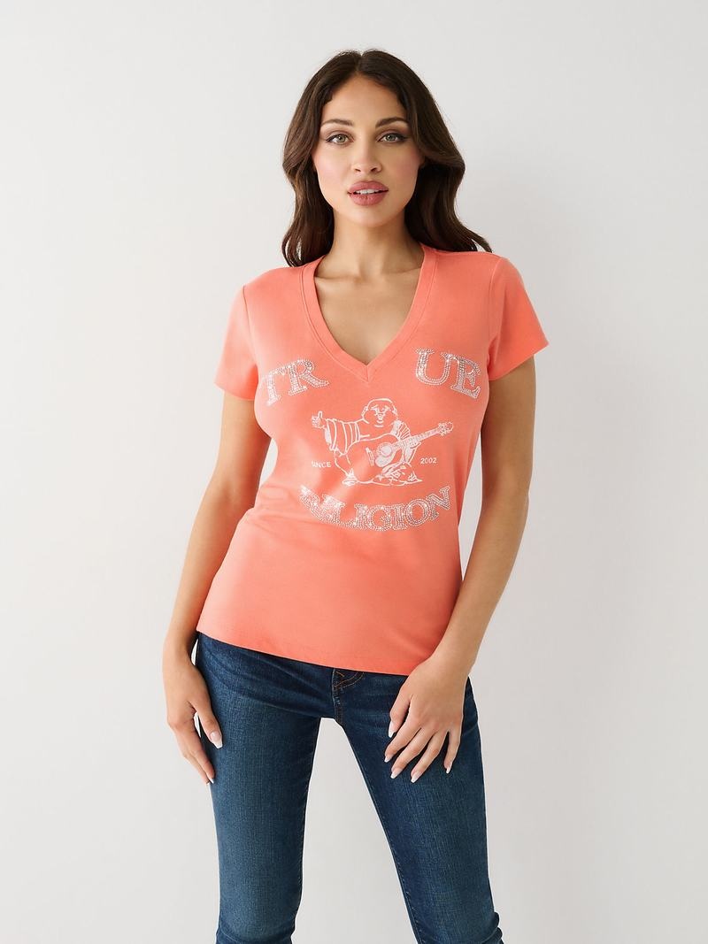 True Religion Crystal Buddha V T-Shirts Damen Orange Rosa | 43026RINX