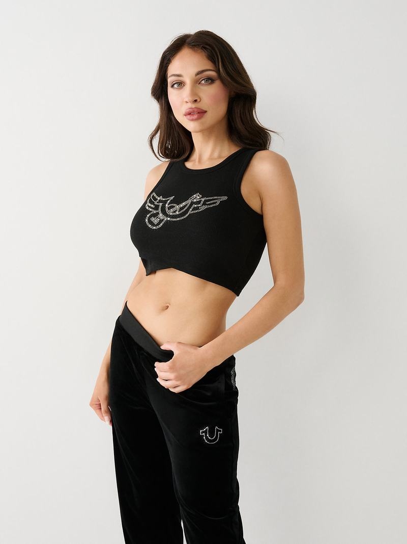 True Religion Crystal Crop Tanktop Damen Schwarz | 21760EDQF