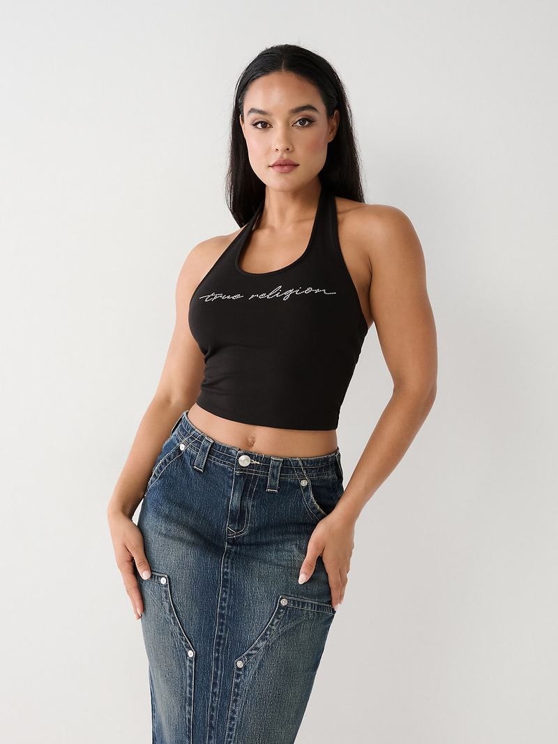 True Religion Crystal Halter Oberteile Damen Schwarz | 98712JFWN